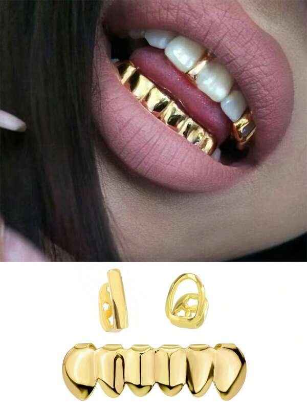 Set Of New Style European & American Creative Combination, Smooth Silicone Fake Tooth, Single Tooth & 6 Teeth Hollow Design, Adjustable & Decorative For Daily Wear, Party, Nightclub, Unisex Funny Stage Props, Comes With Tooth Adhesive