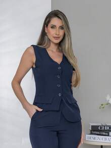 Plain Elegant Vest And Dress Pants Set C3302 - Azul Marino - Ver 8