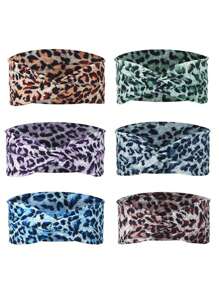 1/6pcs Elastane Fashion Leopard Print Yoga Headband - Wide Knot Sports Sweatband For Normal Hair Vintage Style Soft Stretchy Non-Slip Moisture-Wicking Leopard Print Headbands For Women - Stylish Sports Accessories For Running, Cycling, Gym