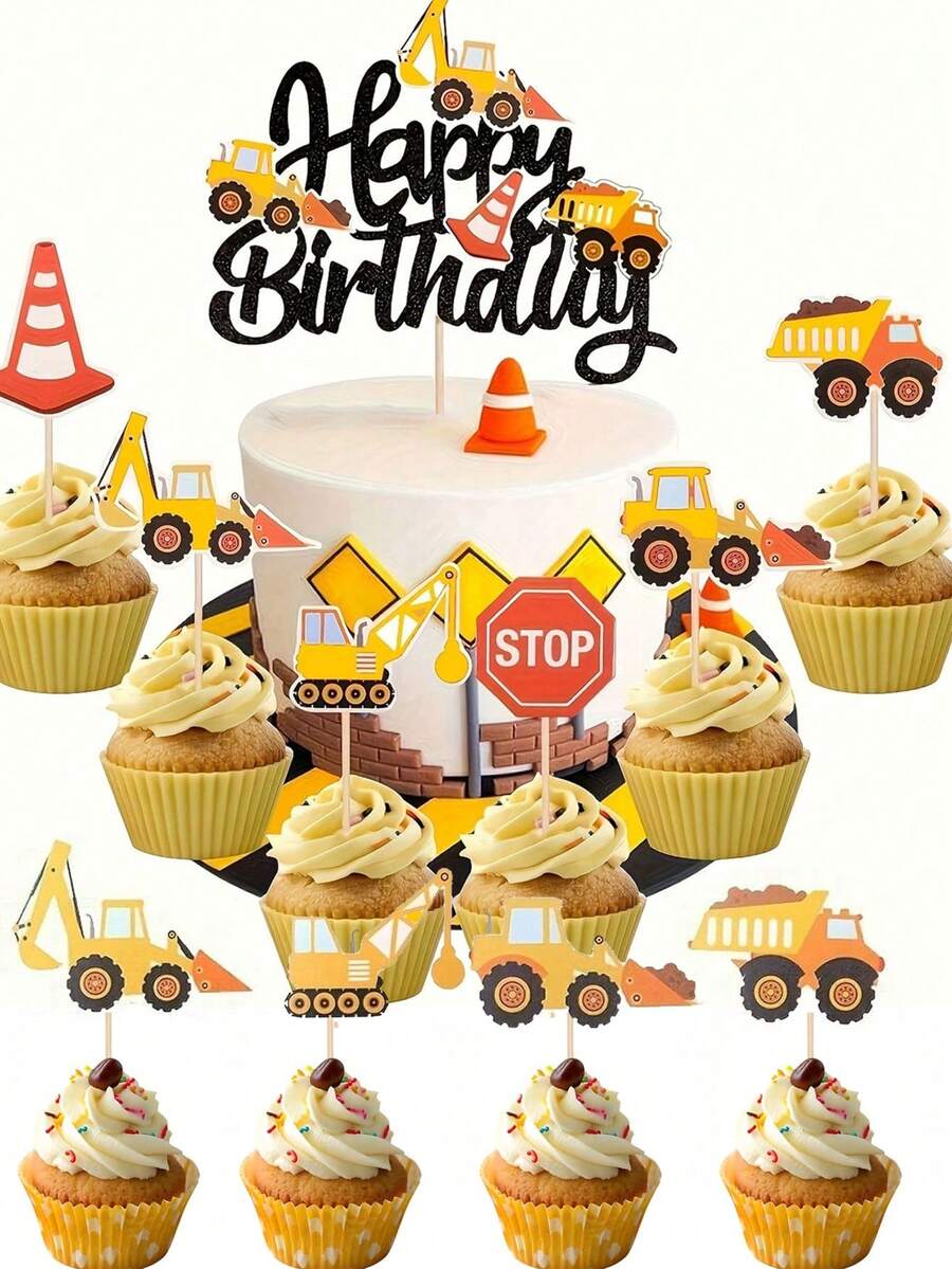 48 piezas de decoración de construcción de 2º cumpleaños, decoración de construcción para cupcakes, decoración de pastel de excavadora de ingeniería para niños y niñas de 2 años, decoración de mesa