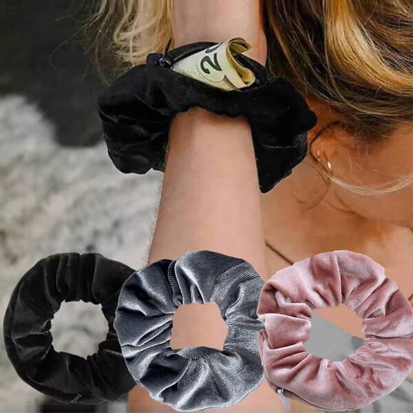 1/2Pcs Velvet Hair Ring With Hidden Pocket, Multi-Functional Hair Accessory Pouch, Storage Organizer For Money & Small Items, Zippered Elastic Headband With Secret Compartment For Keys, Cash, Lipstick, Multifunctional Hidden Private Money Concealed Portable Pocket Toiletry Bag Travel Wash Bag