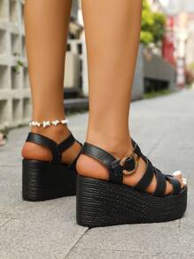 Sandálias de Plataforma com Cunha Romana de Plus Size para Mulheres, Cor Sólida com Fivela de Metal, Tecido Macio e Respirável, Adequado para Uso Diário, Reuniões, Casual com Calças ou Saias, Moda e Conforto, Essencial para o Guarda-roupa