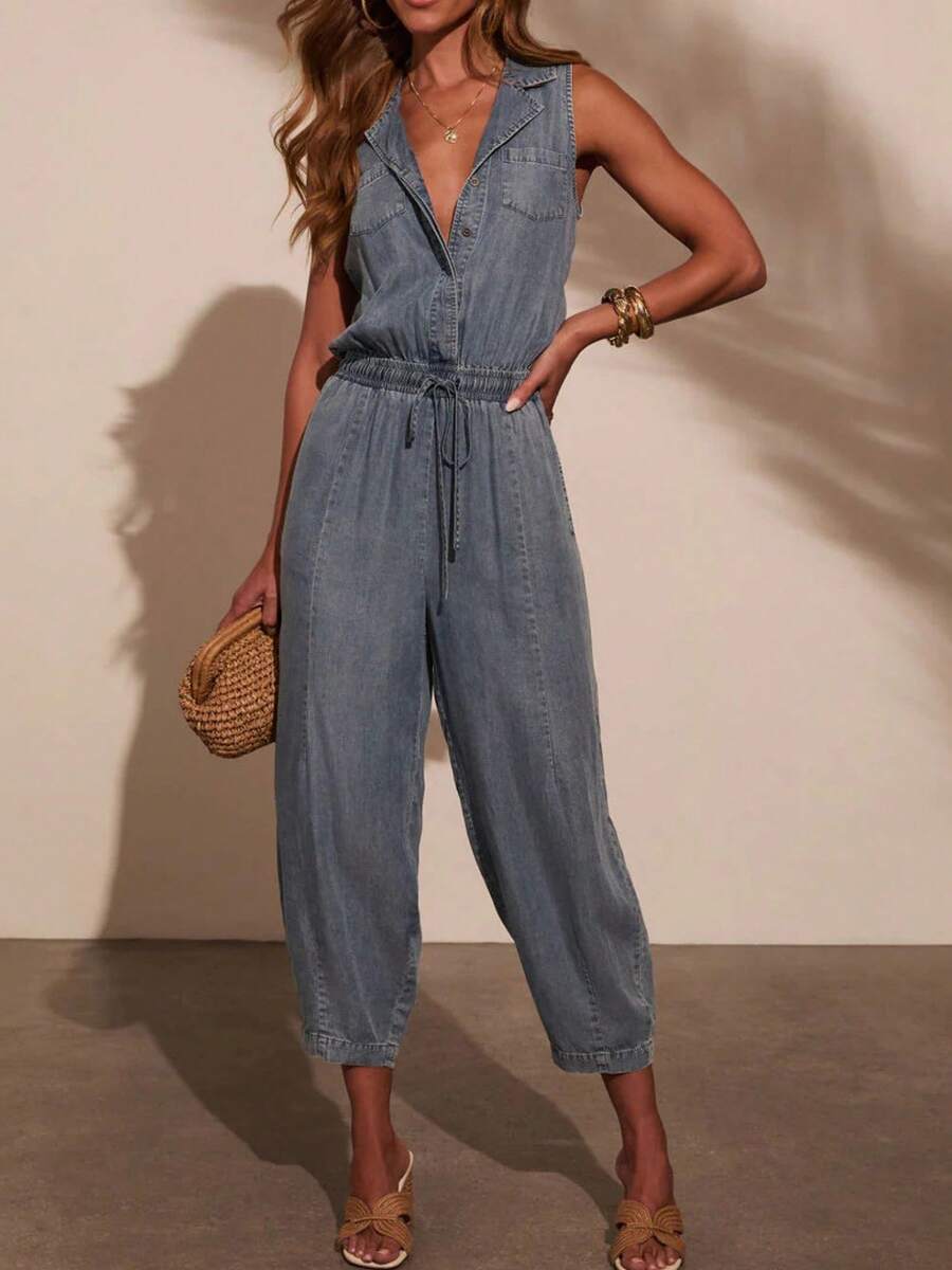 Women's Denim Rompers Summer Solid Lapel V Neck Sleeveless Loose Drawstring Jumpsuit - Blue - View 1