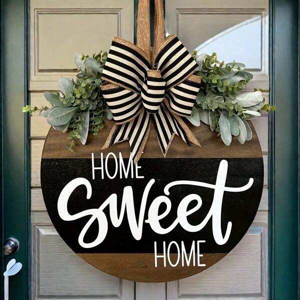 Rustikaler runder Holztür-Hänger mit der Aufschrift "Home Sweet Home", gestreifter Schleife, Kunstgrünpflanzen, aus verarbeitetem Holz, ohne Strombedarf
