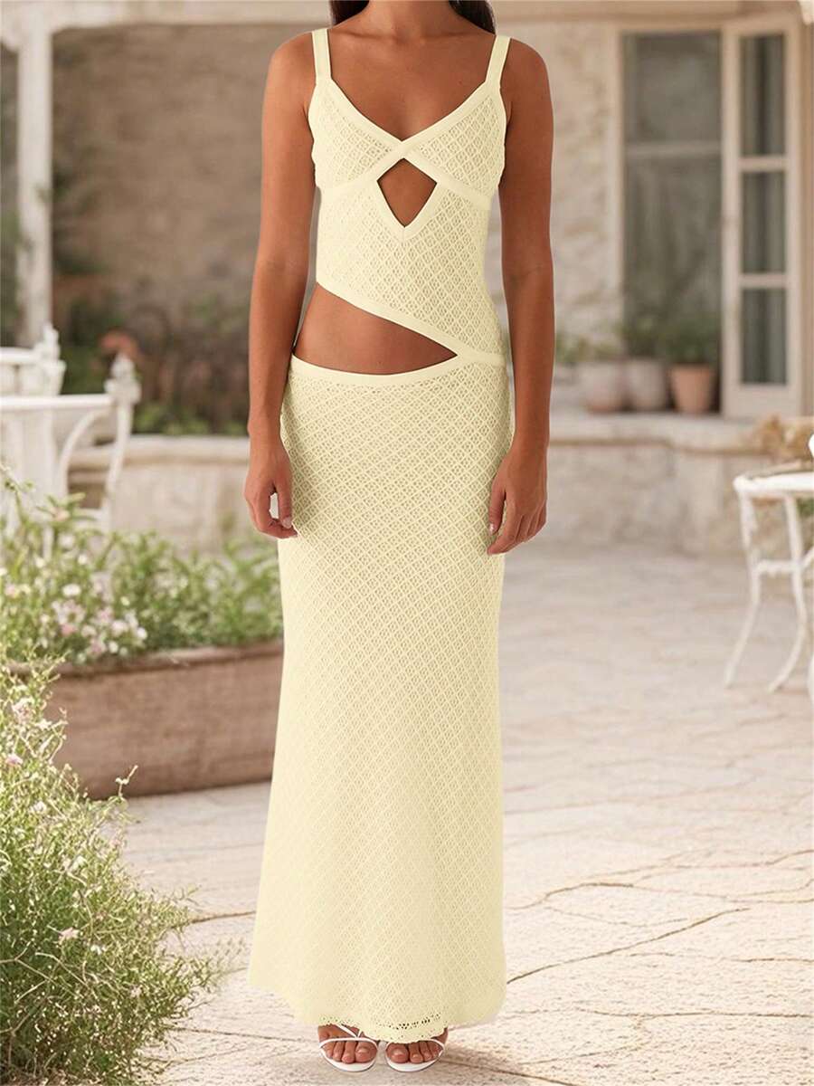 Women Cut Out Maxi Dresses Spaghetti Strap Sleeveless V-Neck Backless Hollowed Slip Dress Party Cocktail Bodycon Long Dress - 黃色 - 查看 1