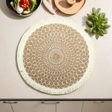 4/6/8 runde Tischsets mit Quaste, Wärmeisolierung, Party-Dekor, Tisch-Akzent im Restaurant, bedrucktes Wellenmuster, Boho-Stil, Jute-Material, waschbar, für alle Jahreszeiten geeignet, schützt Tischplatte, Besteck, Getränke, Desserts, Zuhause, Hochzeit, Restaurant-Dekoration.