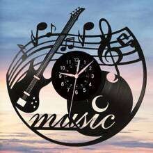 1 pièce Horloge murale de disque vinyle de guitare de musique, silencieuse, noire, avec des notes d'instrument de musique faites à la main. Cadeau exclusif pour les amateurs de musique pour la décoration du salon, de la chambre ou du bureau.