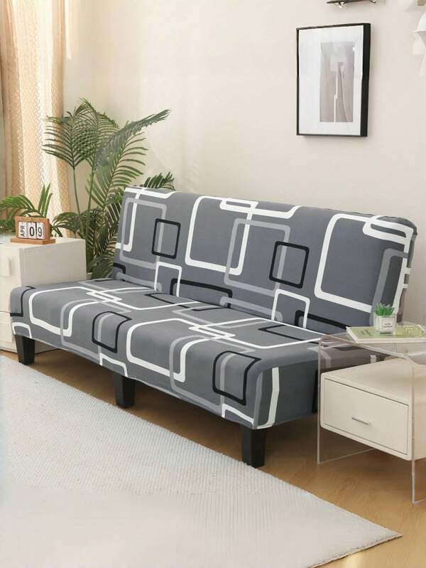1pc Black And White Box Printed Armless Sofa Bed Cover, Elastic All Inclusive Polyester Fiber Sofa Cover, Knitted Milk Silk, Suitable For All Seasons