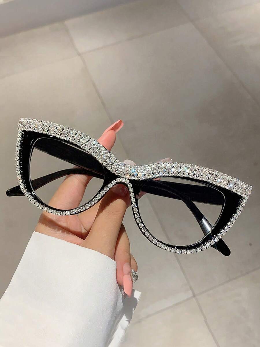 1pc Women's Rhinestone Embellished Cat Eye Shaped Clear Lens Glasses - C5 Black Frame Transparent - View 1