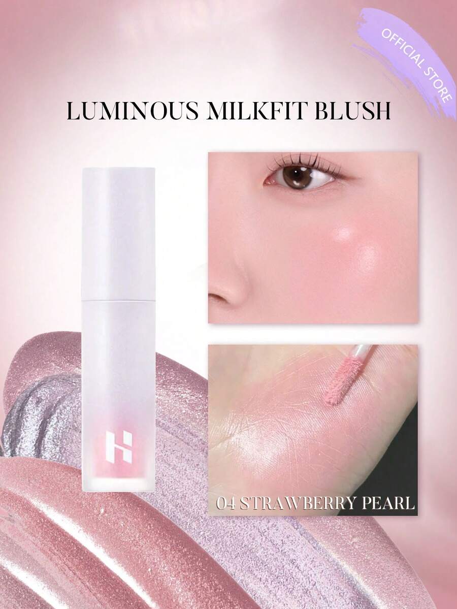 HOLIKA HOLIKA LUMINOUS MILKFIT 腮红 04 草莓珠光，节日好心情提亮，柔和奶白色红晕，轻盈易晕染，水润蜜桃光泽，青春柔焦效果，微妙雾面滤镜，珠光闪耀，持妆12小时，防汗，新手友好，韩式彩妆，4毫升/0.13液盎司