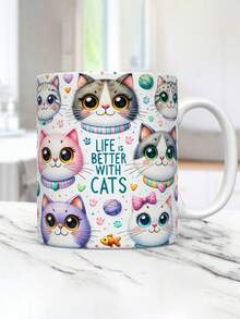 1 xícara de café de cerâmica de 11 oz - lavável apenas à mão, sem bisfenol A, isolada, reutilizável, xícara de café com estampa de gato fofo, adequada para vários usos - presente perfeito para entusiastas de gatos no Natal, Ação de Graças, Dia dos Namorados, Dia dos Pais e Dia das Mães