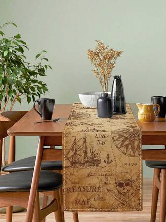 1 件航海冒险海盗派对桌旗涤纶，藏宝图和骷髅图案，非常适合海盗主题庆祝活动、家居装饰、海盗配饰