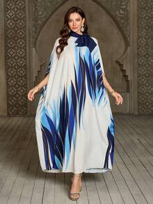 Women's Tie Neck Allover Print Abaya Robe, Elegant All-Over Print - Multicolor - View 3