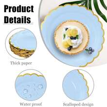 10pcs/20pcs/40pcs/Set,Light Blue Paper Scalloped Plates With Gold Foil9 Inch 7 Inch Disposable Blue Scalloped Dinner Plates For Wedding Shower Birthday Party Dessert Plate - Blue - View 3