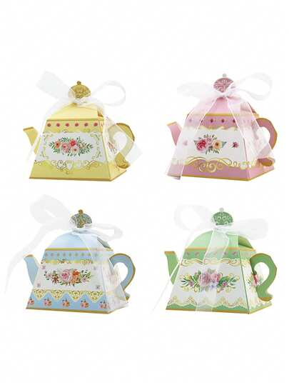 12pcs 4color Wedding Paper Gift Box With Ribbon,Tea Party Favor Boxes Tea Party Decorations Vintage Floral Teapot Box For Guest Birthday Bridal Shower Wedding Favors Party Decorat