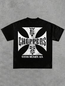 Playera de verano para hombre, con estampado de letras y logotipo, cuello redondo, manga corta, 100 % algodón, 220 g, algodón grueso, cómoda - Negro - Ver 3