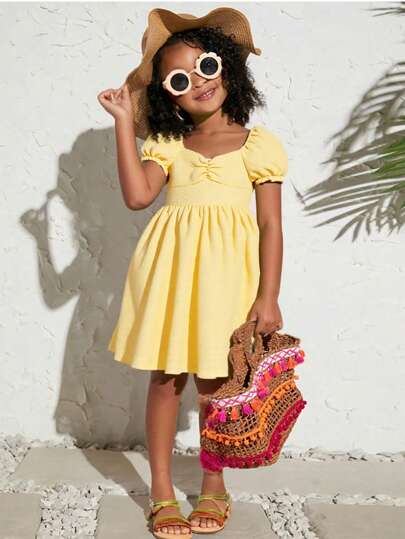 Young Girls Puff Sleeve Off Shoulder Elegant Party Dress, Versatile & Comfortable Summer ' One-Piece Dress