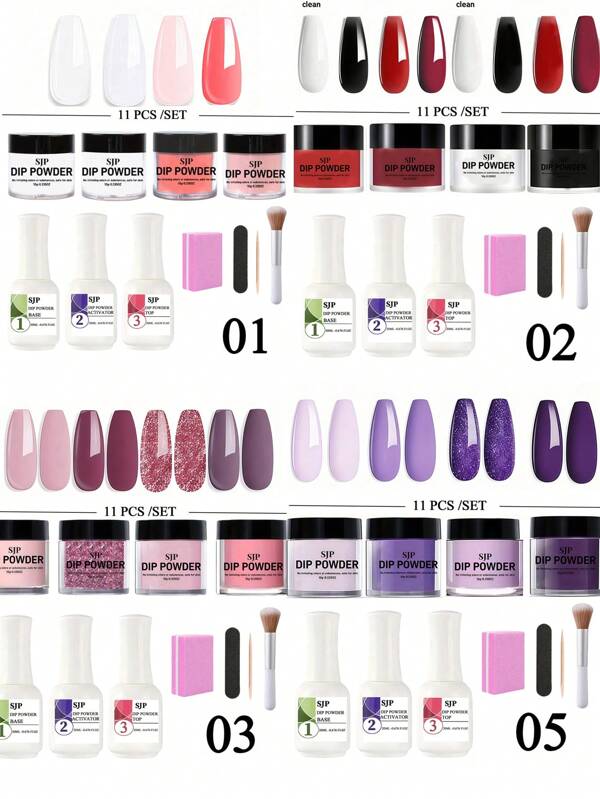 11 PCS Dip Powder Nail Kit, Black Green Blue Purple 4 Colors Nail Dip Powder Kit Starter Set For Beginners With Dipping Powder Liquid Set