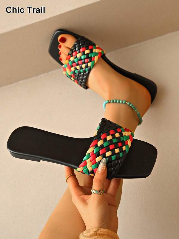 Women's Flat Slip-On Sandals, Open Toe, Casual, Outdoor Wear, Summer New Korean Style Square Toe Black Beach Slides