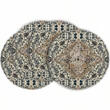 Boho Round Placemat 4 Pieces, 15-Inch Seasonal Everyday Green Flowers Boho Table Mat For Party Kitchen Dining Room Decoration