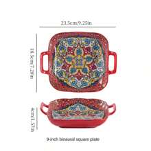 1pc Bohemian Style Ceramic Salad Plate With Dual Handles, Oven & Microwave Friendly Baking Dish For Pasta, Colorful Floral Design Tableware