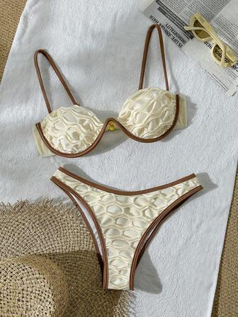 Bikinx Sommer Strand Mesh sexy Bügel-Oberteil und -Unterteil, farblich abgesetzter Bikini Badeanzug