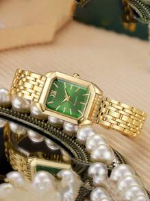 5pcs/Set New Elegant Minimalist Roman Numeral Rectangular Octagon Green Dial Ladies Watch With Floral Bracelet Set, Mother's Day Gift