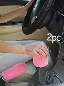 2pcs Plush Hand Brake Cover & Gear Shift Knob Sleeve Set, Soft Comfortable Car Interior Accessories, Suitable For Manual Transmiss