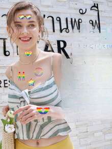 Rainbow Fringe Gloves & Tattoo Set - Pride Month Festival Costume, 10 Temporary Tattoos & 2 Flags, Long Length Party Accessories - Multicolor - View 6