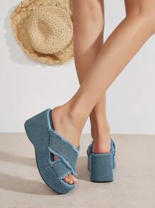 Soft Pale Blue Washed Denim Peep Toe Cross Strap Chunky Platforms, Premium Soft Leather Insole, Slip Resistant Sole, Comfort Fit Thick Sole Wedge Sandals, Versatile Classic Fashion