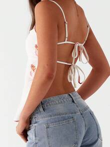 Women's Tie Backless Cami Tops Sleeveless Spaghetti Strap Floral Print Camisole Tank Tops - 粉色 - 查看 3