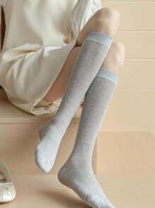 1 par de calcetines de punto liso con aplicación de encaje sobre la rodilla, calentadores de piernas con rayas verticales/de cuadrícula, calcetines de media caña con puño estriado y empalme, medias altas respirables con rayas verticales para JK