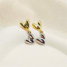 1 Pair European & American Style Mixed Gold & Silver Heart Shaped Earrings, Fashionable & Minimalist, Suitable For Women, Daily Accessory, Jewelry Gift