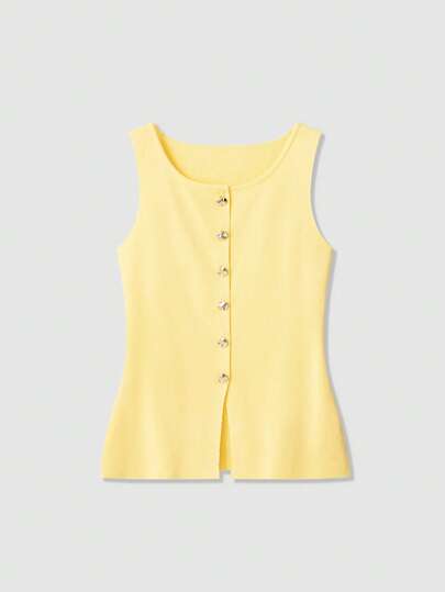 Women's Casual Butter Yellow Buttoned Front Knitted Vest