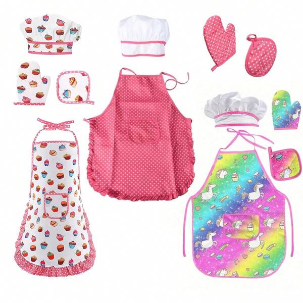4 Pcs Kids Cooking And Baking Set - Apron, Gloves, Hat In Pink, Girls' Roleplay Chef, Baker Costume, Culinary Kitchen Toys Gift (Partial Colors And Patterns Are Random)