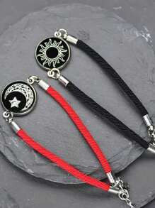 2pcs/Set Bohemian Style Glow In The Dark Sun, Moon & Star Charm Bracelets, Glass Inlaid Nylon Rope, Fashion Couples Jewelry Gift Set, Suitable For Party, Music Festival, Halloween/Christmas, Thanksgiving, Year-Round Wear