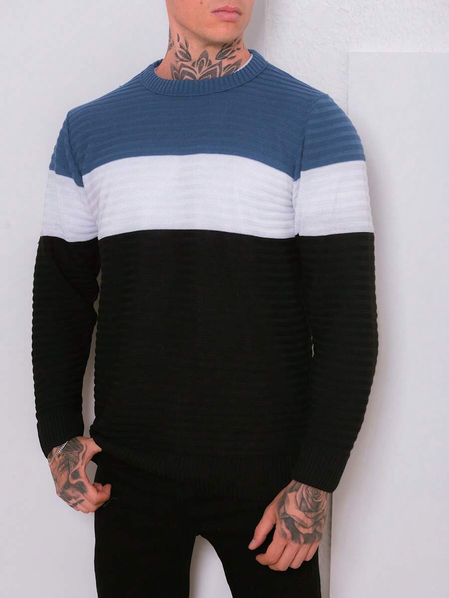 Men's Knitted Sweater Cold-Weather Blouse Round Neck Long Sleeve Wool Blouse - 藍色 - 查看 1