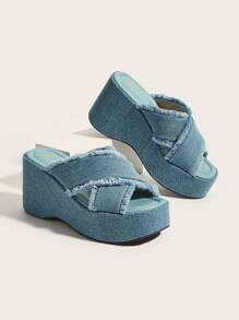 Soft Pale Blue Washed Denim Peep Toe Cross Strap Chunky Platforms, Premium Soft Leather Insole, Slip Resistant Sole, Comfort Fit Thick Sole Wedge Sandals, Versatile Classic Fashion