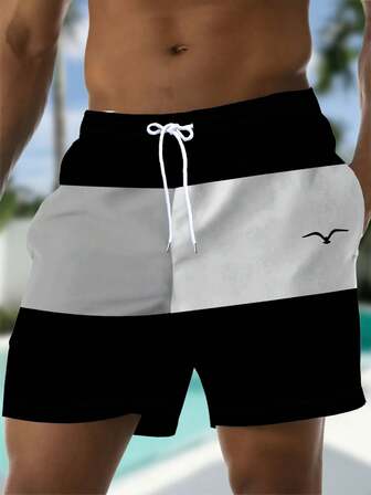 Pantalones cortos de verano para hombres con estampado gráfico en 3D de gaviota, cintura con cordón, secado rápido, de doble capa con forro de malla, shorts de playa de moda casual para vacaciones, hawaianos