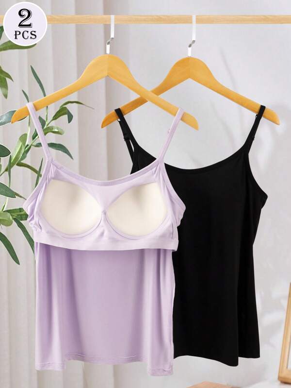 Conjunto de 2 peças de regata feminina com sutiã embutido, alça ajustável, cor sólida