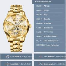 Men's Sport Watch - Official Authorized By POSHI Multifunctional Chronograph With 30M Waterproof & Luminous Nightlight, Stainless Steel Band, 2-Year Warranty For Business, Gym & Casual (2 Colors)