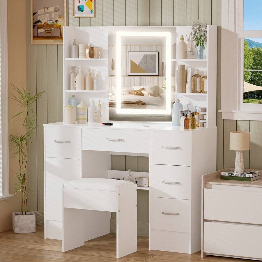 LED Light Bulbs Mirror Vanity Desk With 6 Drawers, Dressing Table For Bedroom - White - View 1