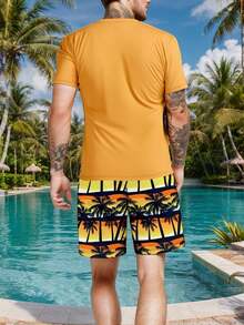 Men's Palm Tree Print Short Sleeve T-Shirt And Shorts Set - Yellow - View 4