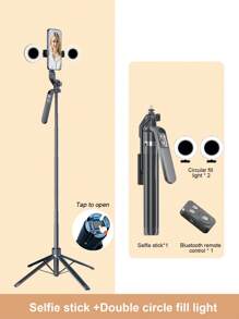 180cm/70.9in Aluminum Alloy Bracket Mobile Phone Bluetooth Selfie Stick Quadrupod, 3-Color Temperature LED Beauty Light, Built-In 7-Key Multi-Function Remote Control Quadrupod, With Its Own Head Compatible With Various Fill Light/Camera Compatible With Iphone Android Phone For Summer Vacation, Travel, Fill Light, Outdoor Activities, Live Streaming Tripod Stand