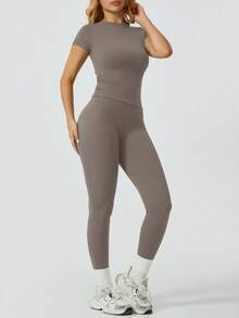 NcmRyu Women's Solid Color Minimalist Short Sleeve & Pants Sports Suit Set - Grey - View 6