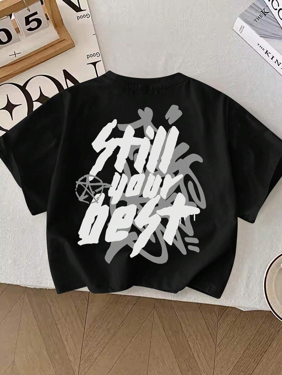 小男孩休闲简约灰色涂鸦字母印花圆领短袖T恤，夏季 - 黑色 - 查看 1