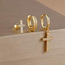 3PCS 18K Gold Plated Cross Stud Earrings Set For Women's Wedding Jewelry Zirconia Hoop Stainless Steel Accessories Party Gift