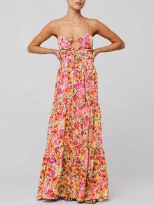 Womens Summer Spaghetti Strap Long Dress Boho Low Cut Dress Backless Flowy Midi Dress Bohemian Maxi Dresses Beachwear - 珊瑚橙 - 查看 1