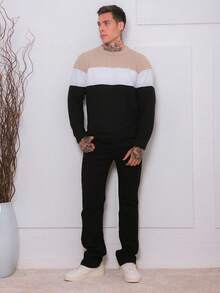 Men's Knitted Sweater Cold-Weather Blouse Round Neck Long Sleeve Wool Blouse - Beige - View 3