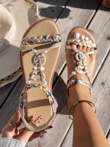 WRCVS Beige Women's Sandals, Flat Sandals With Criss-Cross Strap And Open Toe, Lightweight, Non-Slip, Vacation Style, Woven Pattern Random Bohemian Tassel Outdoor Sandals - Gold - View 2